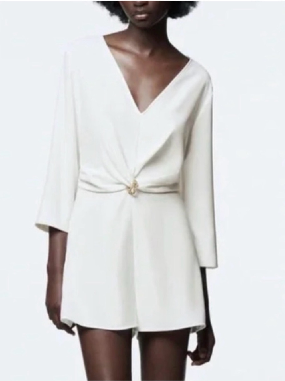 Zara White V-Neck Twist-Front Romper with Gold Accent S